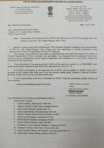 RDSO Letter For Elastomeric Bearing